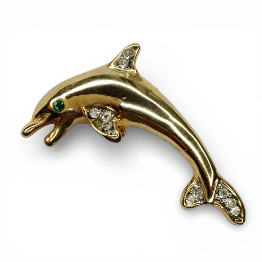 Vintage Gold Tone Dolphin Brooch – Green Eye & Rhinestone Accents - Picture 3 of 11
